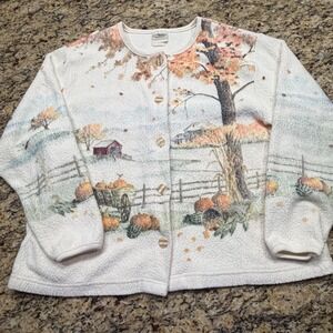Vintage Artisans Fall Harvest Fleece Cardigan Pumpkins Barn Scenic White XL